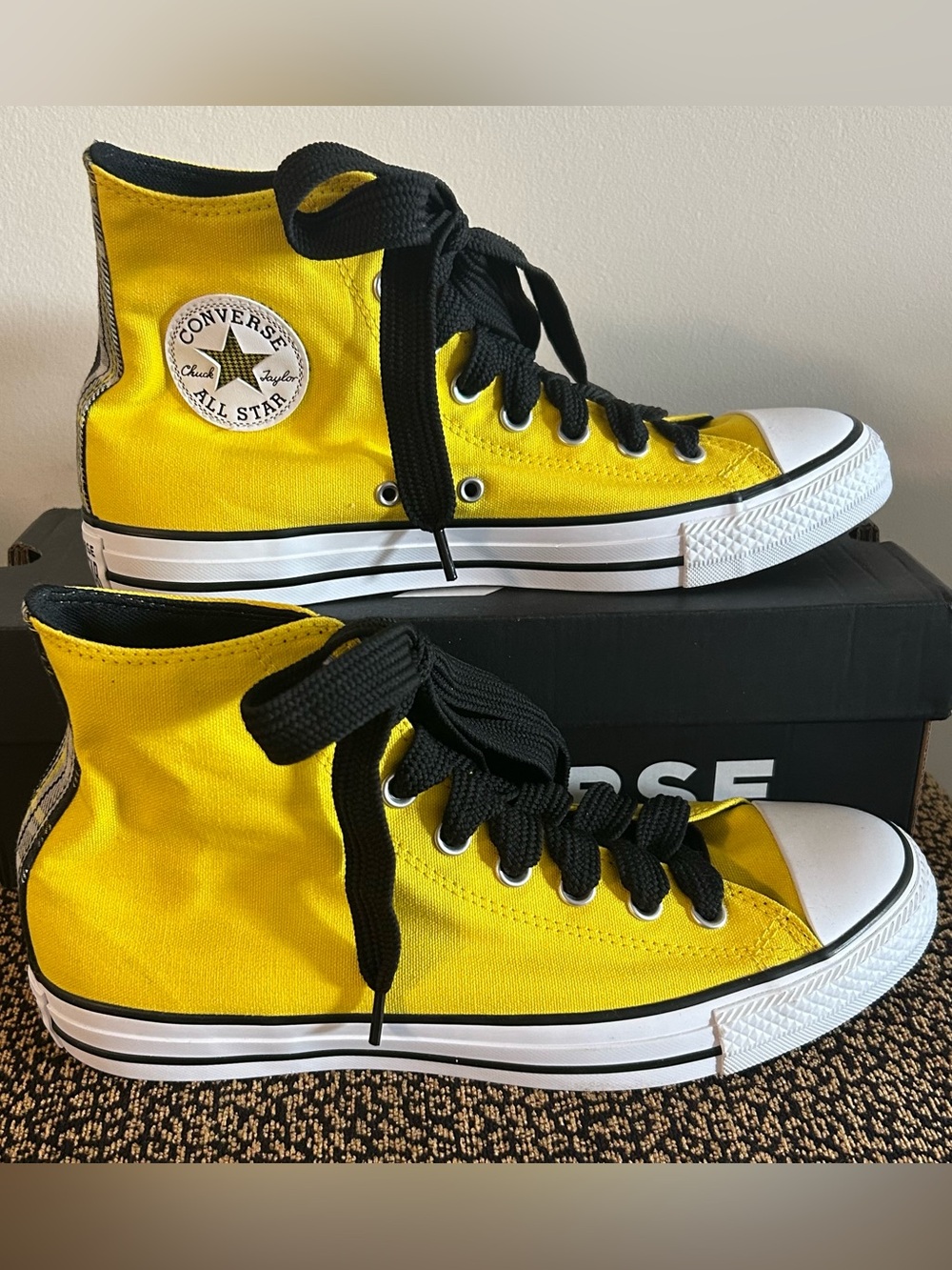 NEW Converse AS Yellow Hi Top w Plaid Trim & Bonus Chunky Black Laces